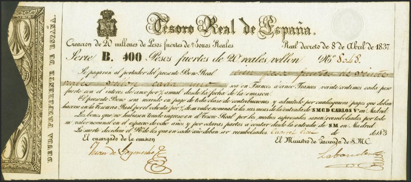 100 Pesos Fuertes de 20 Reales de Vellón. 8 de Abril de 1837. Serie B. (Edifil 2...