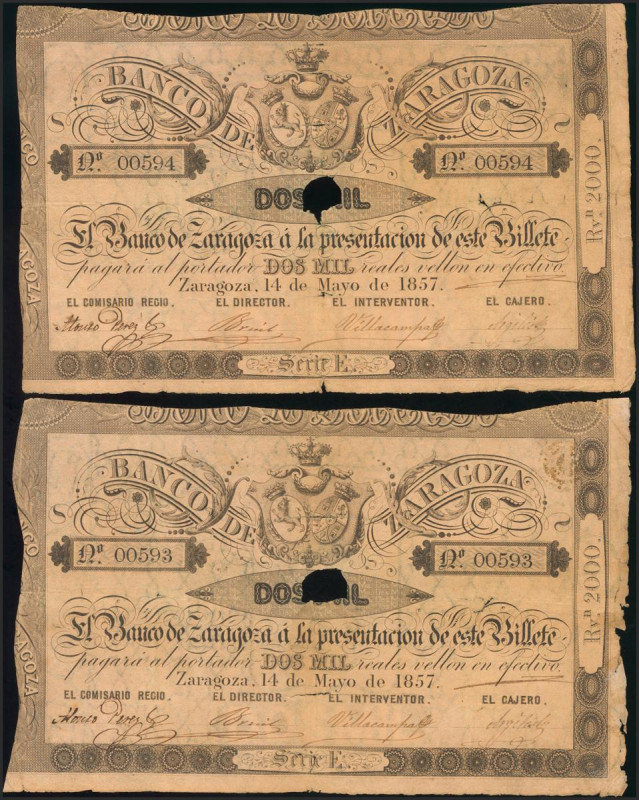 2000 Reales. 14 de Mayo de 1857. Banco de Zaragoza. Pareja correlativa. Serie E....