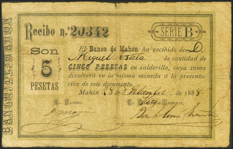 5 Pesetas. 28 de Septiembre de 1888. Banco de Mahón. Probablemente único ejempla...