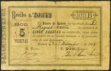 5 Pesetas. 28 de Septiembre de 1888. Banco de Mahón. Probablemente único ejemplar conocido, obviamente coincide con el fotografiado en la obra de Obli...