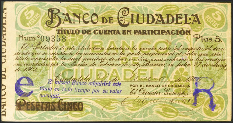 5 Pesetas. 27 de Junio de 1923. Banco de Ciudadela. Probablemente único ejemplar...