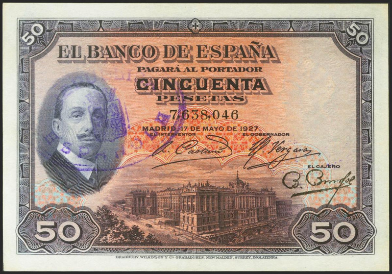 50 Pesetas. 17 de Mayo de 1927. Sin serie y sello de caucho de REPUBLICA ESPAÑOL...