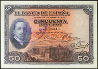 50 Pesetas. 17 de Mayo de 1927. Sin serie y sello de caucho de REPUBLICA ESPAÑOLA. (Edifil 2021: 332). MBC+.