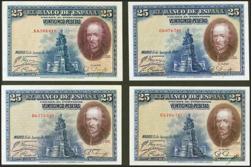 Conjunto de 4 billetes de 25 Pesetas emitidos el 15 de Agosto de 1928, con las s...