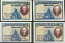 Conjunto de 4 billetes de 25 Pesetas emitidos el 15 de Agosto de 1928, con las series A, C, D y E (Edifil 2021: 353), conservan gran parte del apresto...