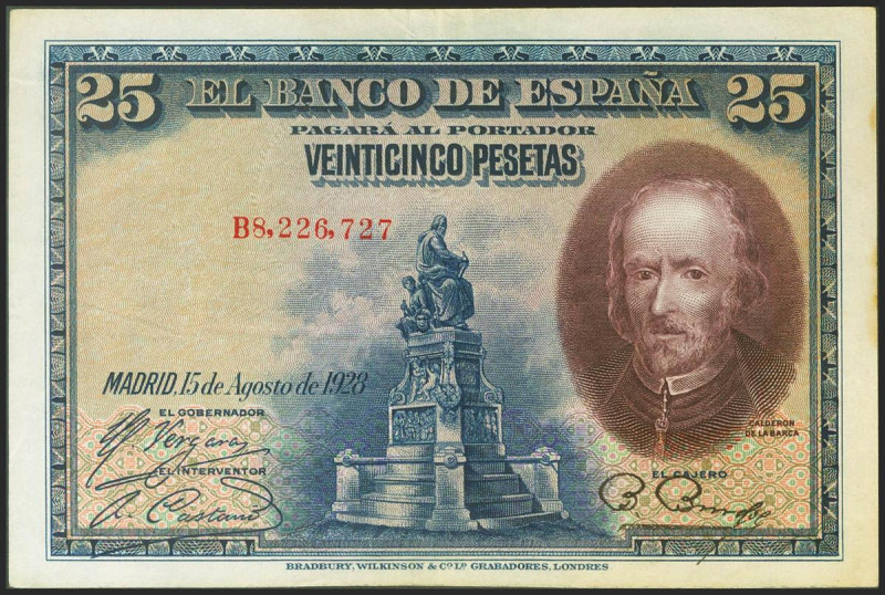 25 Pesetas. 15 de Agosto de 1928. Serie B y sello en seco ESTADO ESPAÑOL / BURGO...