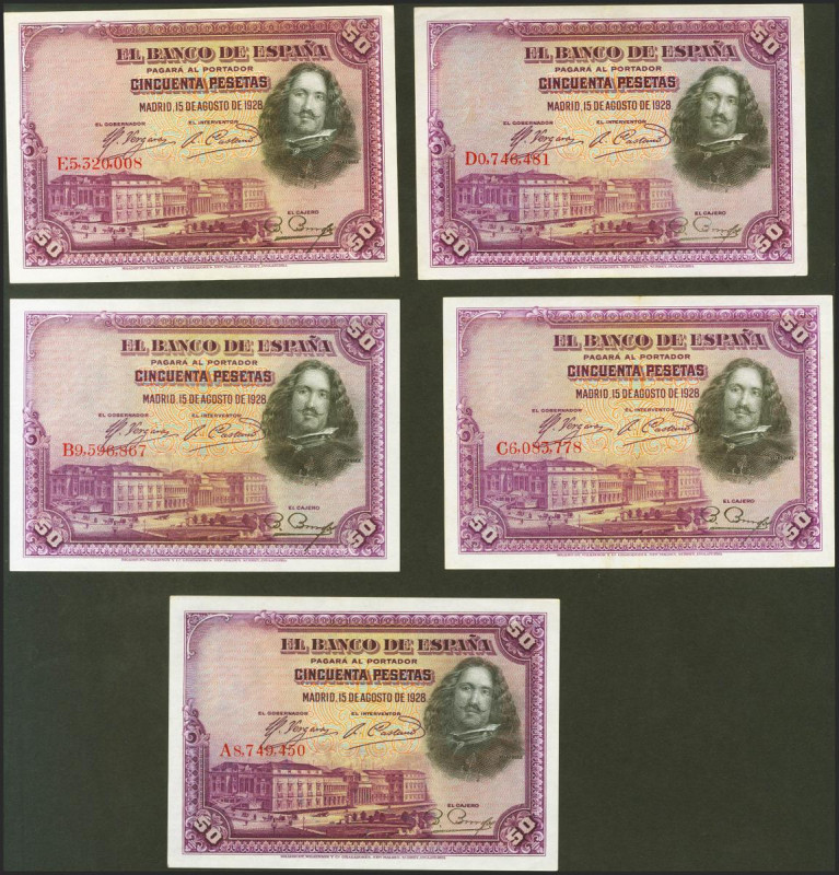 Conjunto de 5 billetes de 50 Pesetas emitidos el 15 de Agosto de 1928, con las s...