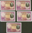 Conjunto de 5 billetes de 50 Pesetas emitidos el 15 de Agosto de 1928, con las series A, B, C, D y E (Edifil 2021: 354), conservando gran parte de su ...