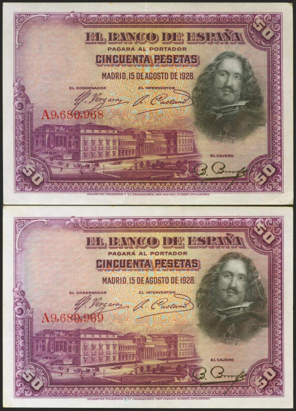 50 Pesetas. 15 de Agosto de 1928. Pareja correlativa. Serie A y numeración poste...