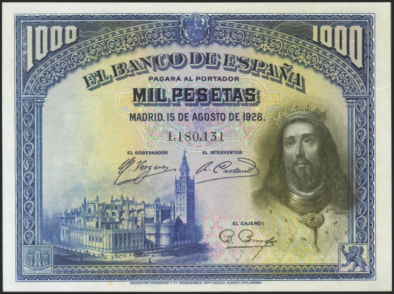 1000 Pesetas. 15 de Agosto de 1928. Sin serie. (Edifil 2021: 357). Apresto origi...