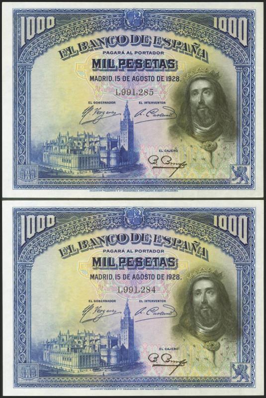1000 Pesetas. 15 de Agosto de 1928. Pareja correlativa. Sin serie. (Edifil 2021:...