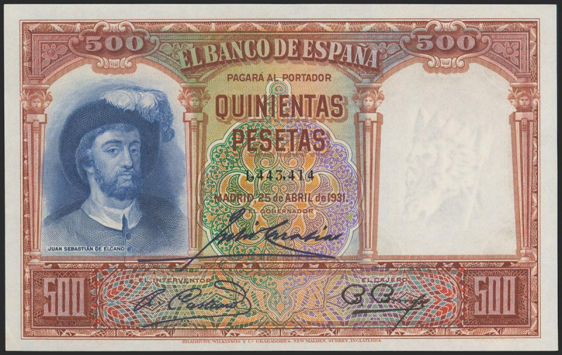 500 Pesetas. 25 de Abril de 1931. Sin serie. (Edifil 2021: 361). Apresto origina...