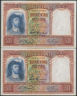 500 Pesetas. 25 de Abril de 1931. Pareja correlativa. Sin serie. (Edifil 2017: 361). Conserva todo su apresto original, manchitas en el margen superio...