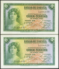 5 Pesetas. 1935. Pareja correlativa. Certificado de Plata. Sin serie. (Edifil 2021: 363). Apresto original. SC-.
