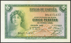 5 Pesetas. 1935. Certificado de Plata. Serie D. (Edifil 2021: 363a). Conserva gran parte del apresto original. SC.