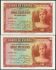 10 Pesetas. 1935. Pareja correlativa. Certificado de Plata. Serie A. (Edifil 2021: 364a). Apresto original. SC.