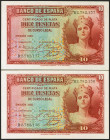 10 Pesetas. 1935. Certificado de Plata. Pareja correlativa. Serie B. (Edifil 2021: 364a). Conserva todo su apresto original. SC-.