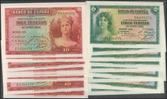 Conjunto de 10 series completas de los billetes correlativos de 5 Pesetas y 10 Pesetas emitidos en 1935, con las series C y A, respectivamente. (Edifi...