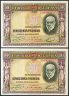 50 Pesetas. 22 de Julio de 1935. Pareja correlativa. Sin serie. (Edifil 2021: 366). Apresto original. SC.