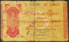 5 Pesetas. 1936. Sin serie. Sucursal de Bilbao y antefirma Banco Guipuzcoano. (Edifil 2021: 368h). Presencia de cinta adhesiva al dorso. MBC-.