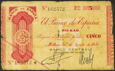 5 Pesetas. 1936. Sin serie. Sucursal de Bilbao y antefirma Banco Central. (Edifil 2021: 368i). MBC-.