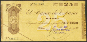 25 Pesetas. 1936. Sin serie. Sucursal de Bilbao y antefirma Banco de Vizcaya. (Edifil 2021: 369a). MBC.