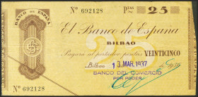25 Pesetas. 1936. Sin serie. Sucursal de Bilbao y antefirma Banco del Comercio. (Edifil 2021: 369b). MBC+.