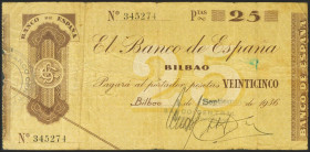 25 Pesetas. 1936. Sin serie. Sucursal de Bilbao y antefirma Banco Central. (Edifil 2021: 369c). MBC.