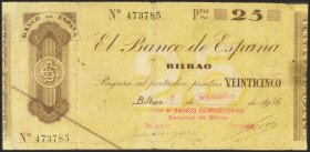 25 Pesetas. 1936. Sin serie. Sucursal de Bilbao y antefirma Banco Guipuzcoano. (Edifil 2021: 369h). MBC.