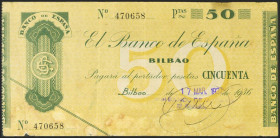 50 Pesetas. 1936. Sin serie. Sucursal de Bilbao y antefirma Banco de Vizcaya. (Edifil 2021: 370a). MBC.