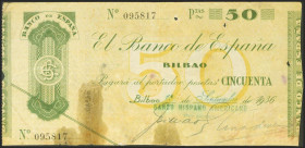 50 Pesetas. 1936. Sin serie. Sucursal de Bilbao y antefirma Banco Hispano Americano. (Edifil 2021: 370h). Presencia de cinta adhesiva y diversas erosi...