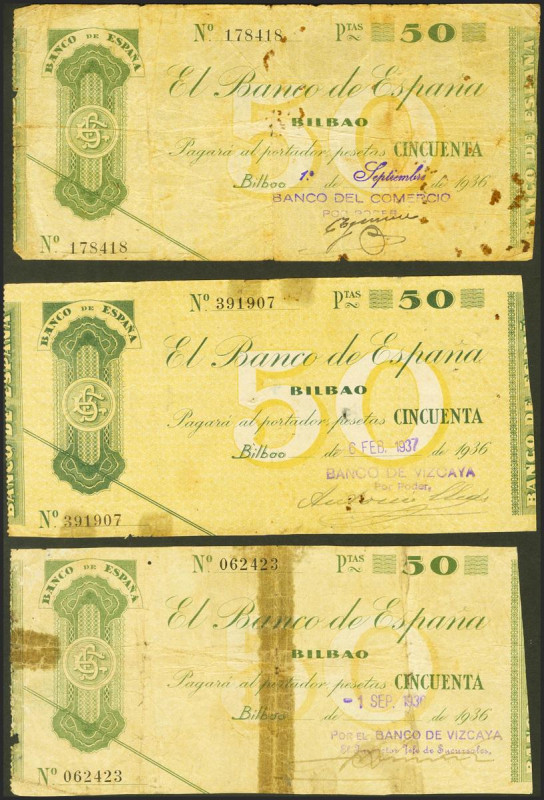 Conjunto de 3 billetes de 50 pesetas emitidos el 1 de Septiembre de 1936 en la s...