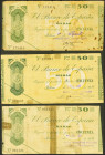 Conjunto de 3 billetes de 50 pesetas emitidos el 1 de Septiembre de 1936 en la sucursal de Bilbao y con dos antefirmas diferentes, en calidades divers...