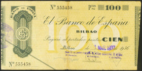 100 Pesetas. 1936. Sin serie. Sucursal de Bilbao y antefirma Caja de Ahorros y Monte de Piedad Municipal de Bilbao. (Edifil 2021: 371a). MBC.