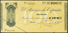 100 Pesetas. 1936. Sin serie. Sucursal de Bilbao y antefirma Banco de Vizcaya. (Edifil 2021: 371b). MBC.