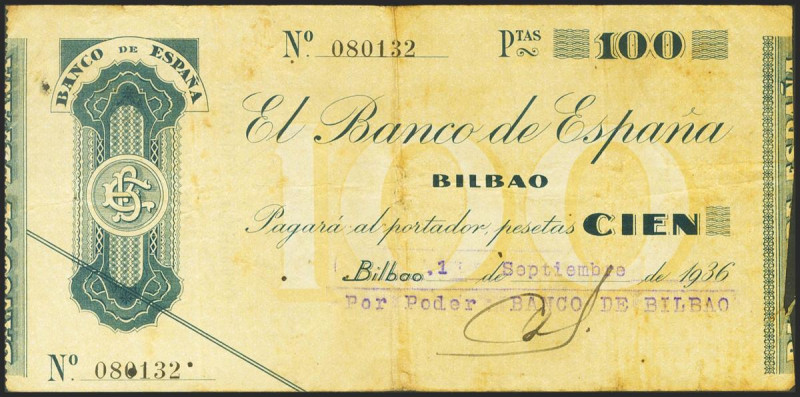 100 Pesetas. 1936. Sin serie. Sucursal de Bilbao y antefirma Banco de Bilbao. (E...