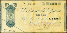 100 Pesetas. 1936. Sin serie. Sucursal de Bilbao y antefirma Banco de Bilbao. (Edifil 2021: 371f). Diversas erosiones. MBC-.