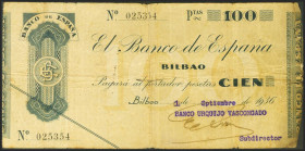 100 Pesetas. 1936. Sin serie. Sucursal de Bilbao y antefirma Banco Urquijo Vascongado. (Edifil 2021: 371i). MBC.