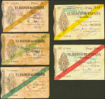 Conjunto de 5 billetes de 5 Pesetas, 10 Pesetas, 25 Pesetas, 50 Pesetas y 100 Pesetas emitidos por la sucursal de Gijón el 5 de Noviembre de 1936. (Ed...