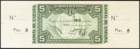 5 Pesetas. 1 de Enero de 1937. Sucursal de Bilbao, antefirma Banco Central. Serie A y sin numeración, con ambas matrices. (Edifil 2021: 386b). Apresto...