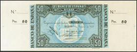 50 Pesetas. 1 de Enero de 1937. Sucursal de Bilbao, antefirma Banco de Vizcaya. Sin serie y sin numeración, con ambas matrices. (Edifil 2017: 389b). A...