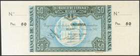50 Pesetas. 1 de Enero de 1937. Sucursal de Bilbao, antefirma Caja de Ahorros y Monte de Piedad Municipal de Bilbao. Sin serie y sin numeración, con a...