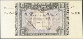 1000 Pesetas. 1 de Enero de 1937. Sucursal de Bilbao, antefirma Banco del Comercio. Sin serie y sin numeración, con ambas matrices. (Edifil 2021: NE27...
