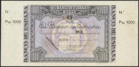 1000 Pesetas. 1 de Enero de 1937. Sucursal de Bilbao, antefirma Banco de Vizcaya. Sin serie y sin numeración, con ambas matrices. (Edifil 2021: NE27g)...