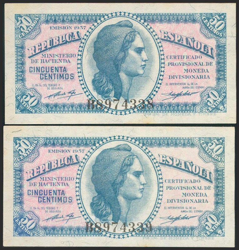 50 Céntimos. 1937. Ministerio de Hacienda. Pareja correlativa. Serie B. (Edifil ...