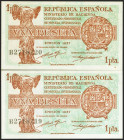 1 Peseta. 1937. Pareja correlativa. Ministerio de Hacienda. Serie B. (Edifil 2021: 391). Apresto original, con los típicos puntitos. SC.
