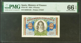 2 Pesetas. 1938. Ministerio de Justicia. Serie B. (Edifil 2021: 393, Pick: 95). Apresto original. Encapsulado PMG66EPQ.