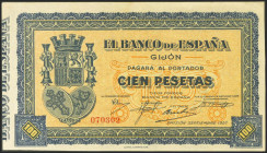100 Pesetas. Septiembre de 1937. Banco de España, Gijón. Sin serie. (Edifil 2017: 399). SC-.