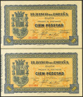 100 Pesetas. 1937. Pareja correlativa. Sucursal de Gijón. Sin serie. (Edifil 2021: 399). Apresto original. SC.
