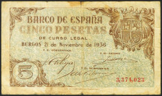5 Pesetas. 21 de Noviembre de 1936. Sin serie. (Edifil 2021: 417). Inusual, sin reparaciones. MBC-.